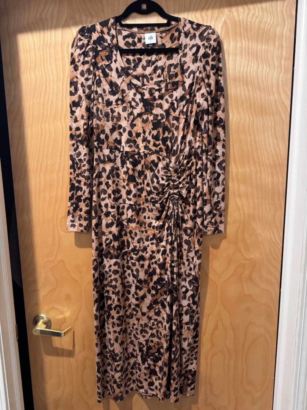 Cabi Selma Cheetah Bodice Drawstring Knit Midi Long Sleeve Dress - Size Small